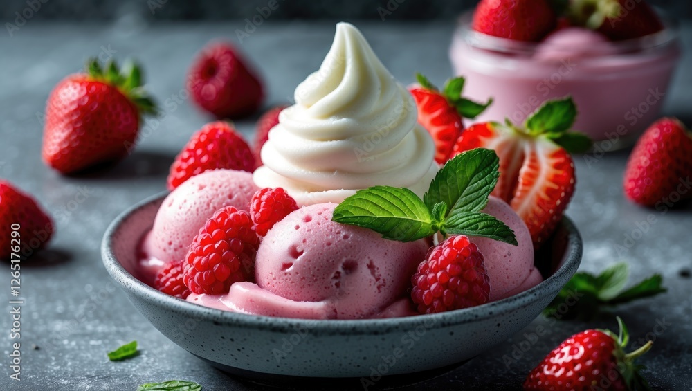 Poster delicious raspberry and strawberry ice cream dessert with soft serve and fresh berries in elegant bo