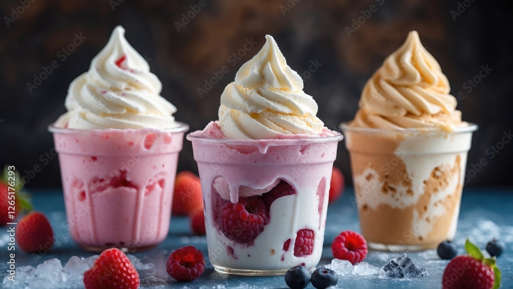 Poster colorful assortment of three soft serve ice cream cups with raspberries and blueberries on a texture