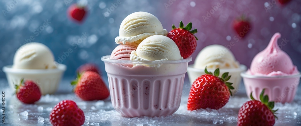 Poster colorful ice cream scoops in cups with fresh strawberries on a reflective surface against a gradient
