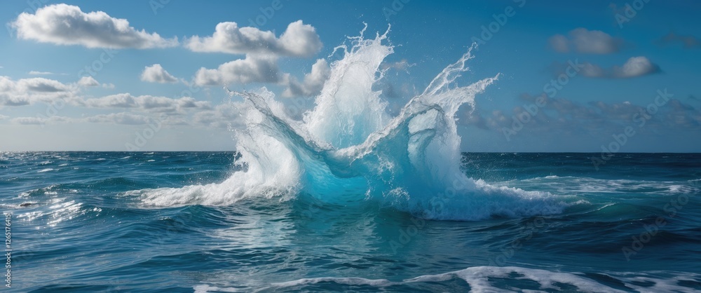 Poster Dynamic ocean wave splashing in bright blue water with dramatic clouds in the background and copy space for text placement