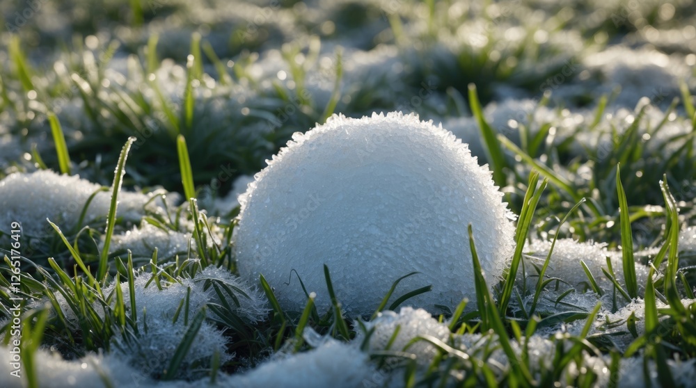 Poster snowball covered in frost on green grass in winter sunlight with a blurred background and copy space