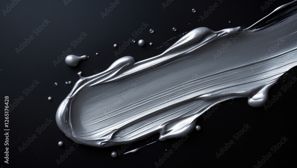 Poster silver paint smear on black background with droplets, showcasing texture and sheen, ideal for design