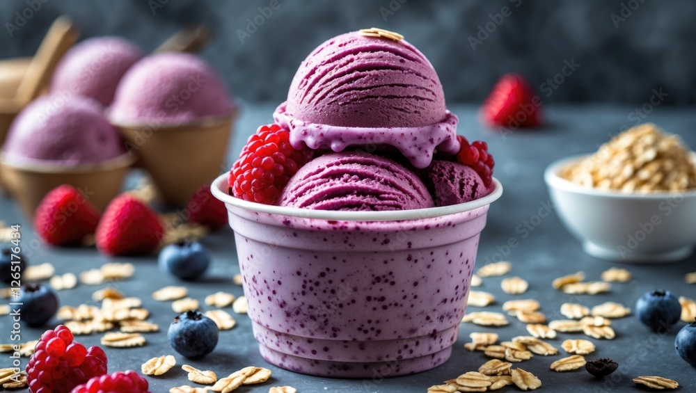 Poster purple berry ice cream in a cup topped with raspberries and placed on a dark surface with oats and b