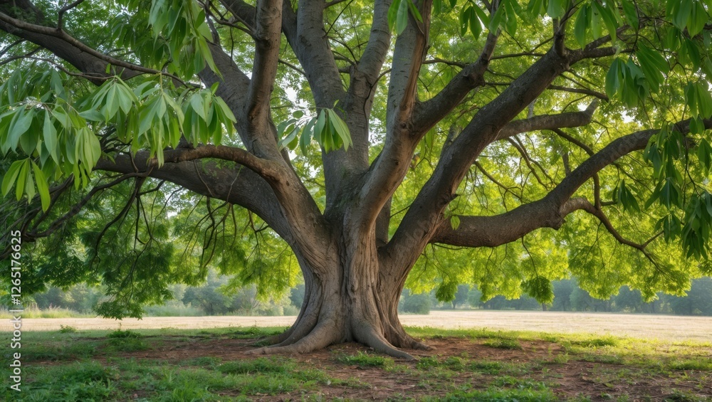 Aufkleber Large broadleaf tree with sprawling branches and lush green foliage in an open field natural setting with soft sunlight. Copy Space