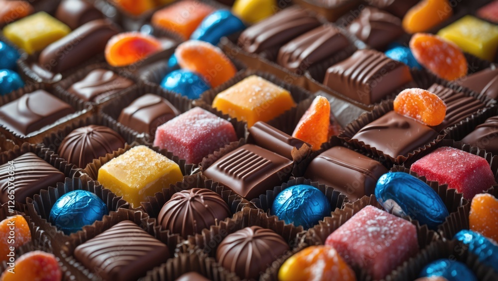 Poster Assorted gourmet chocolates and candies arranged in a colorful display with various shapes and textures Copy Space