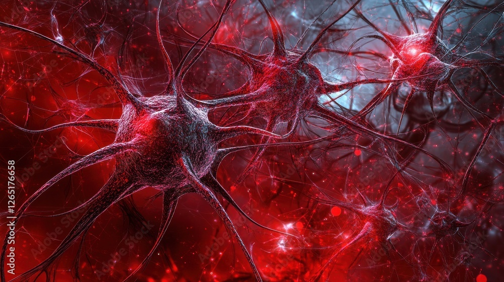 Poster abstract red tech background dynamic network system artificial neural connections digital illustrati