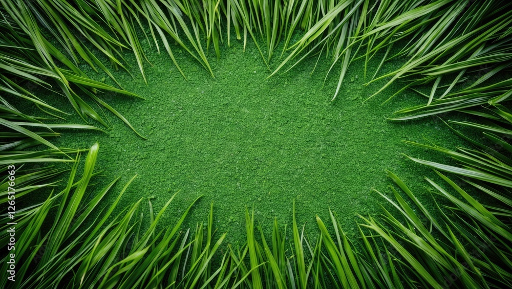 Poster Green grass border framing textured ground with copy space for text or design elements in natural setting.