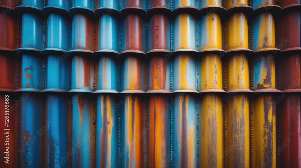 Poster Colorful weathered metal roof tiles arranged in a repeating pattern with rust and wear details available for textured background Copy Space