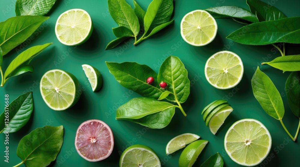 Poster Fresh lime slices and green leaves arranged on a green background with copy space for text