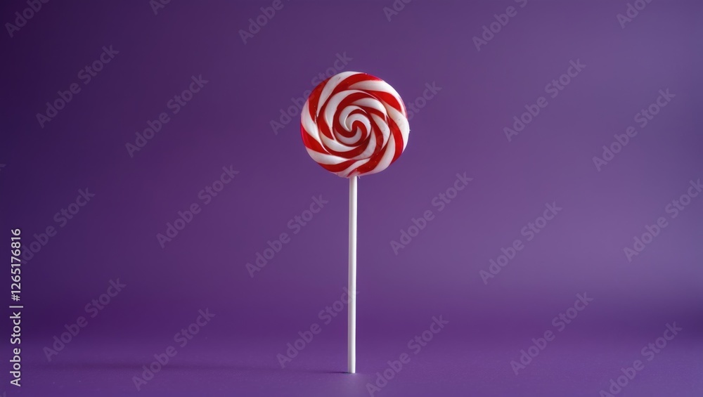 Poster Swirled red and white lollipop on a stick against a solid purple background with ample copy space for text.