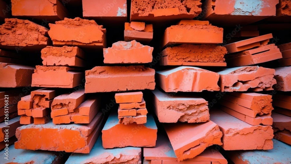 Poster Stacked orange building bricks in a warehouse setting with textured surfaces and varying sizes, construction material background with Copy Space