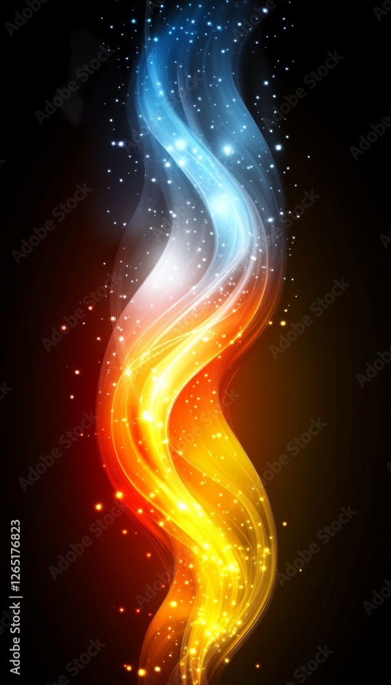 Poster abstract intertwined light waves, glowing color gradient on black background, dynamic flowing lines