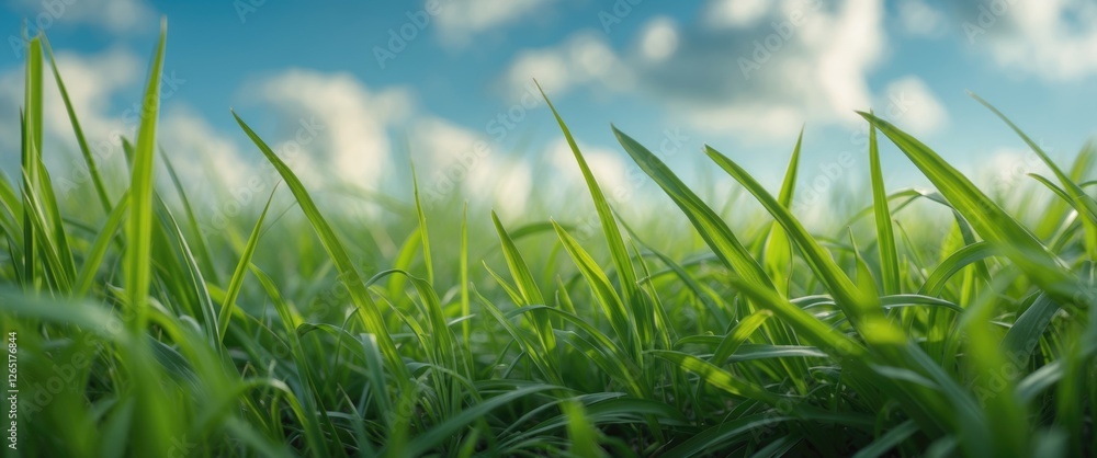 Poster green grass in low angle view with blue sky and clouds in the background natural scenery with abunda