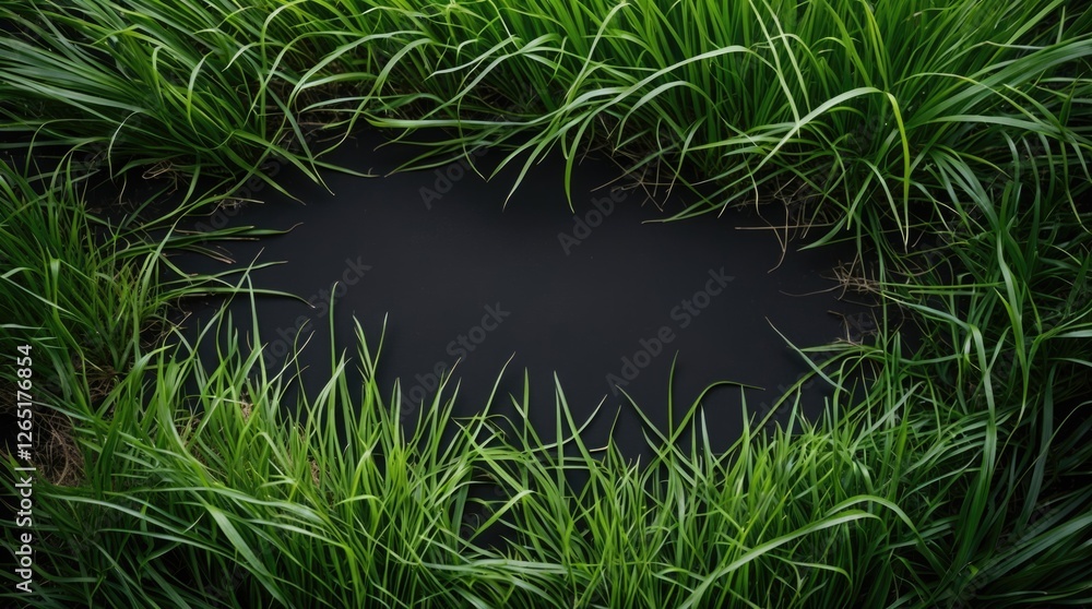 Poster Lush green grass framing a blank dark surface for text placement in a natural setting with ample copy space.