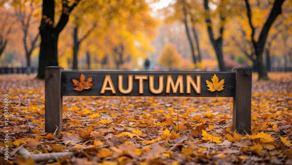 Poster Autumn sign with falling leaves in a park setting surrounded by colorful foliage and trees during the fall season with Copy Space