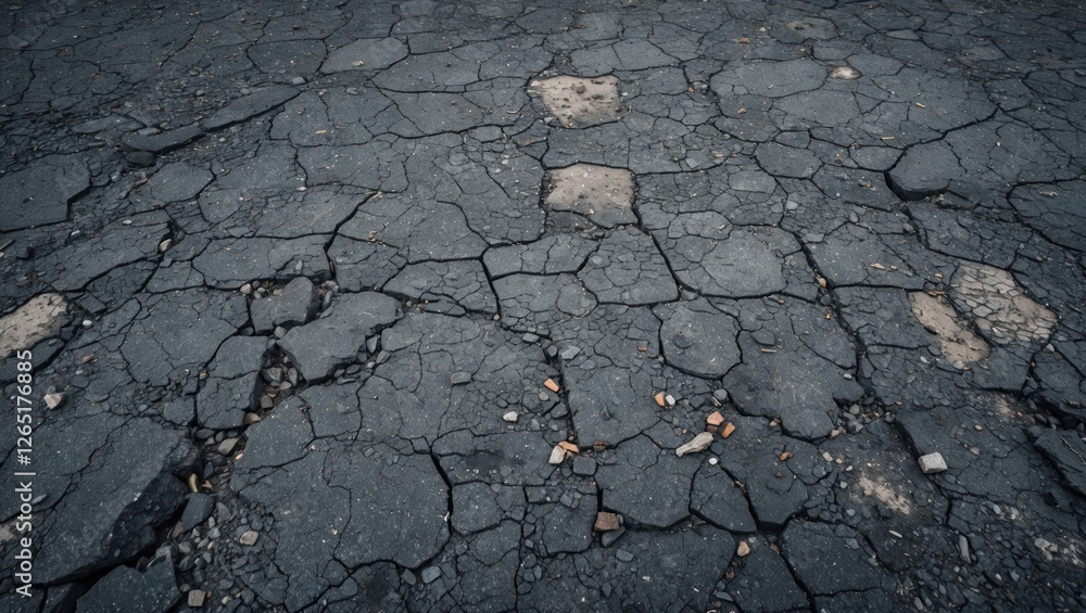 Poster Cracked and Deteriorating Asphalt Surface with Texture and Natural Elements on Ground Copy Space