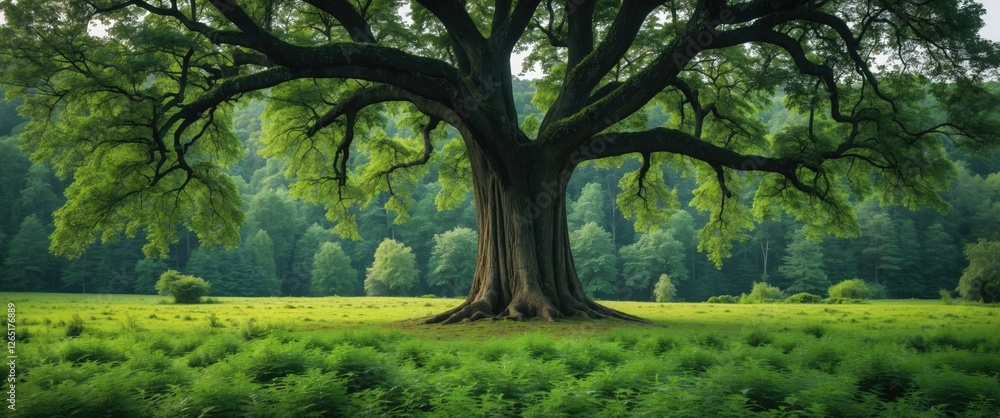 Poster Large majestic tree with expansive green foliage in a lush field surrounded by a dense forest Copy Space