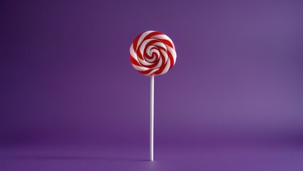 Swirled red and white lollipop on a stick against a solid purple background with ample copy space for text.