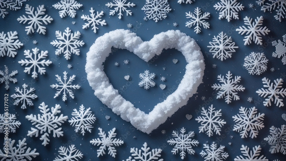 Poster heart shape made of snow surrounded by various snowflakes on blue background for winter theme decora