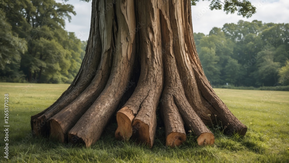 Aufkleber Large tree trunk with exposed roots on green grass in a natural setting showcasing textured bark and surrounding foliage. Copy Space