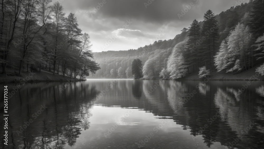 Poster black and white landscape of tranquil lake surrounded by trees with reflection on water surface and 