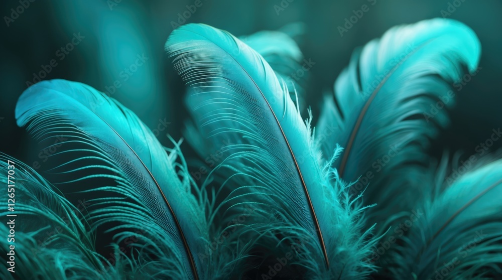 Poster Turquoise feathers with fine details and soft textures against a blurred dark background with Copy Space