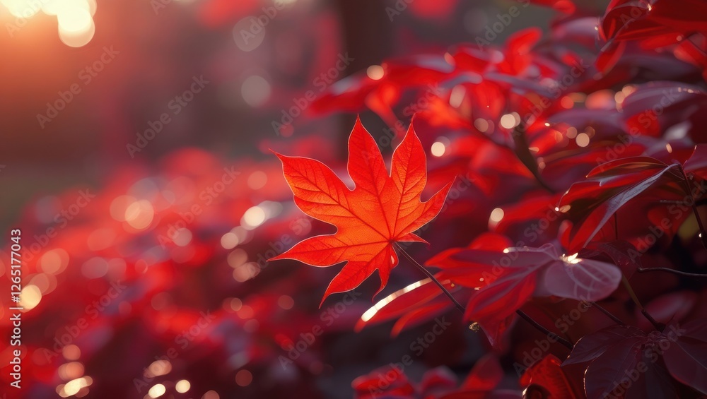 Poster Vibrant red maple leaf among blurred foliage with warm sunlight creating a soft glow and bokeh effect Copy Space