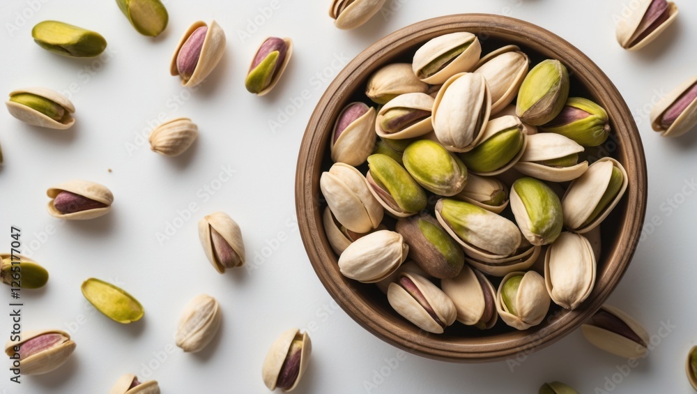 Poster pistachios in a wooden bowl with scattered nuts on a white background ideal for food-related themes 