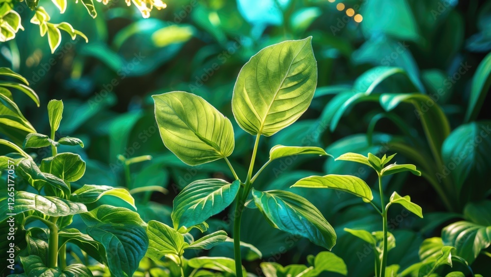 Poster lush green leaves in a botanical setting with soft lighting and a natural background featuring vario