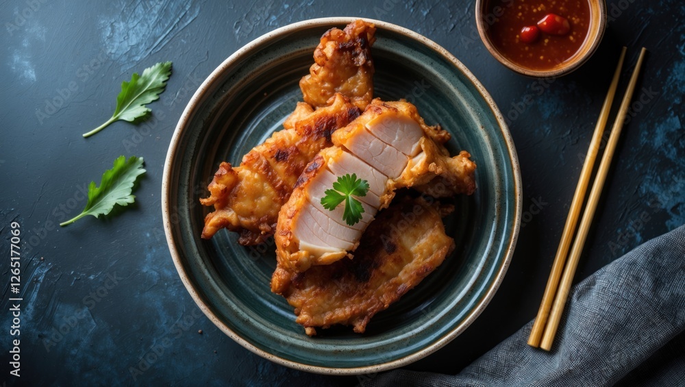 Poster fried chicken pieces garnished with fresh cilantro served on a plate with dipping sauce and chopstic