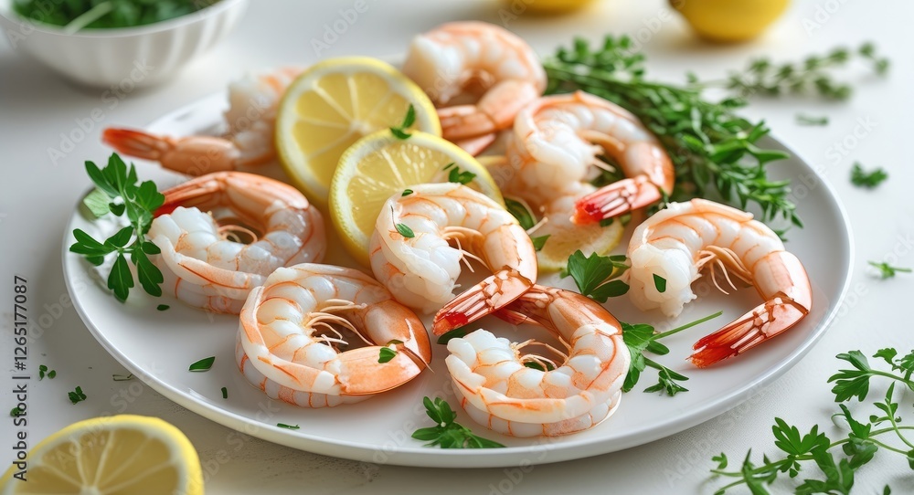 Aufkleber fresh shrimp with lemon slices and herbs on a white plate arranged on a light surface with additiona