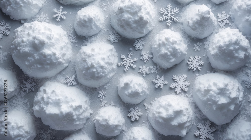 Poster snowballs and snowflakes on a grey surface with textures showing winter elements and patterns copy s