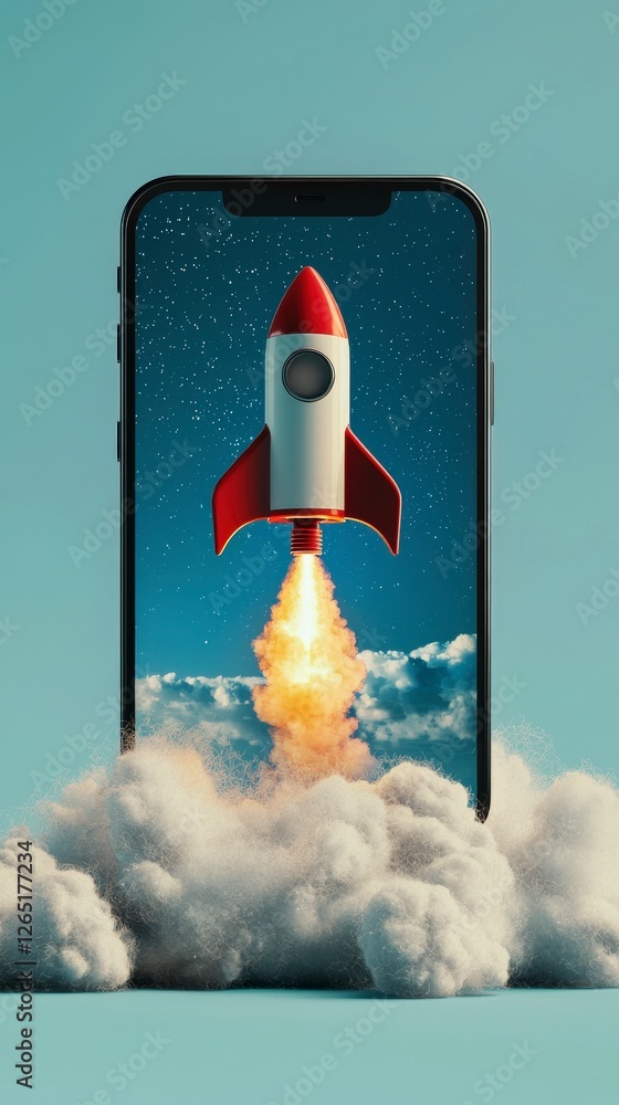 Poster an artistic depiction of a smartphone featuring a rocket lifting off, set within an atmospheric back