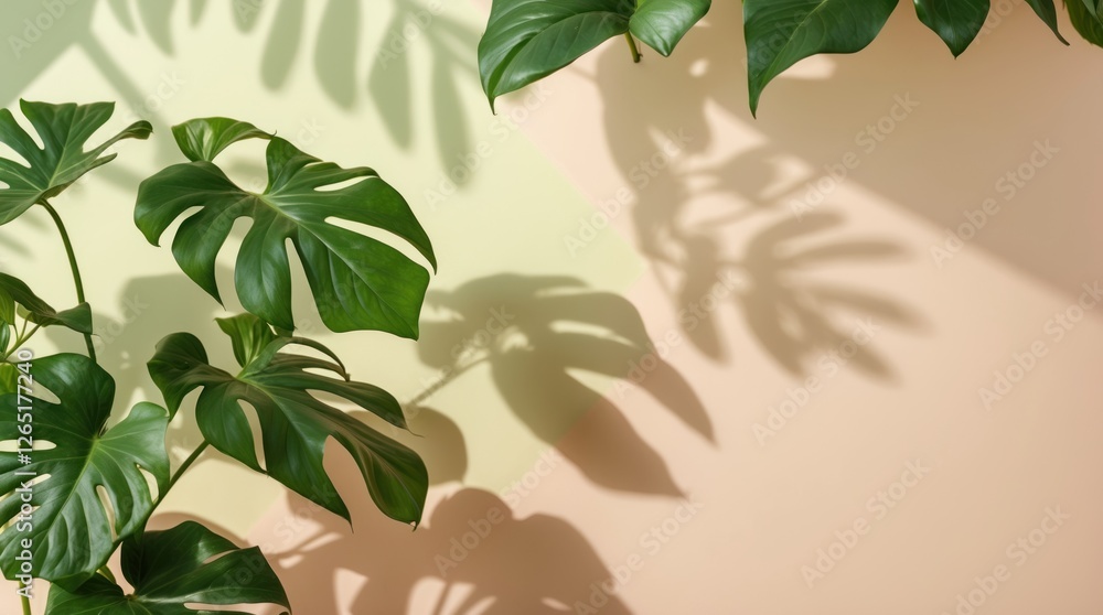Poster monstera leaves casting shadows on a pastel green and peach wall with ample copy space for text plac