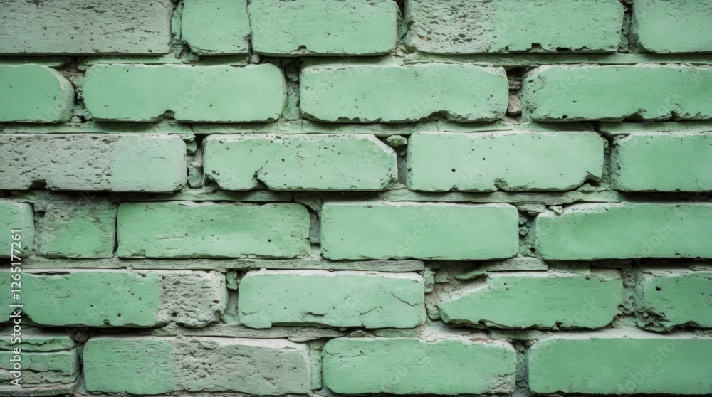 Poster textured green brick wall with uneven surface and varying shades of green, ideal for backgrounds or 