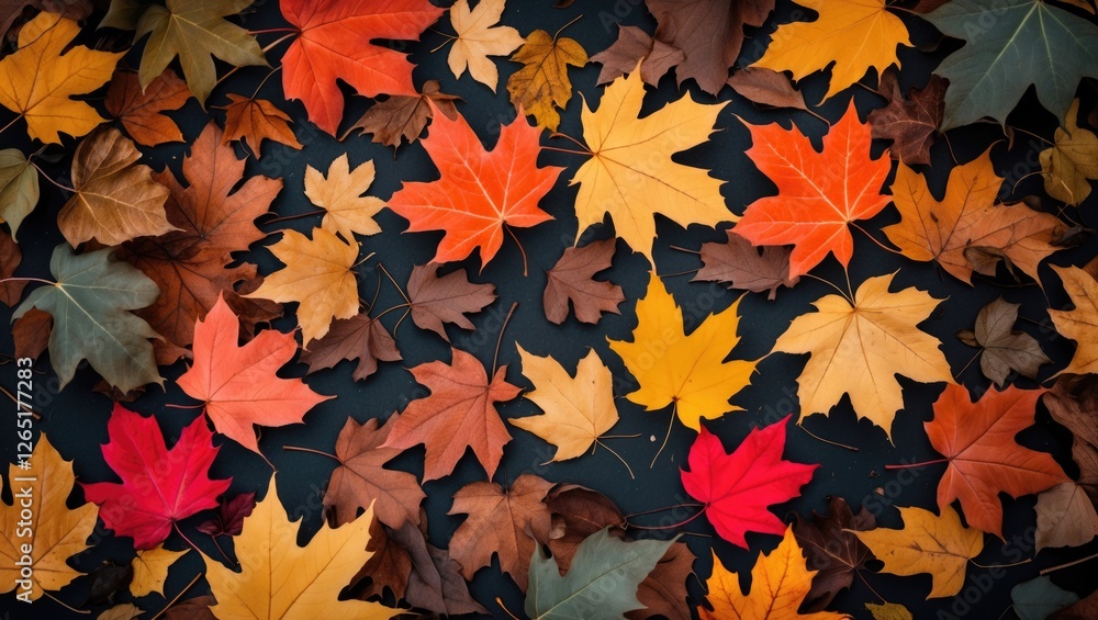 Aufkleber Assorted autumn leaves in vibrant colors on dark background with copy space for text placement.