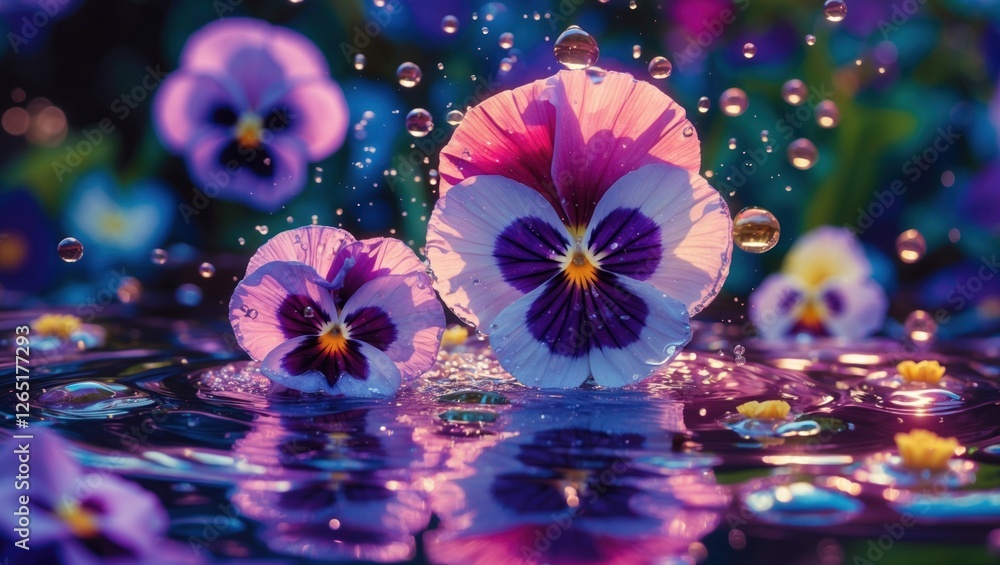 Poster Purple pansy flowers with water droplets on petals in a serene natural setting with soft bokeh background and copy space for text