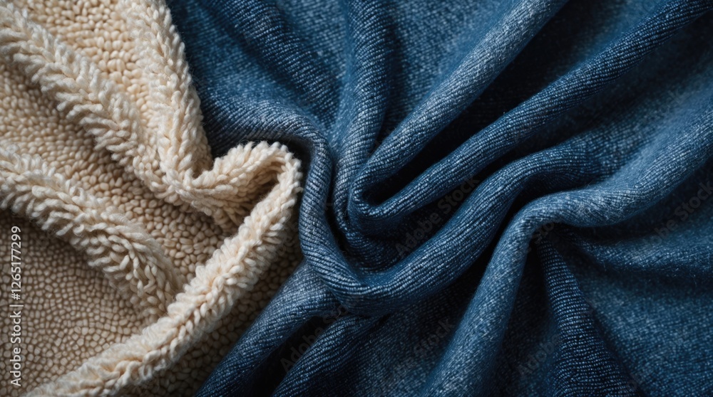 Aufkleber Textured fabric composition featuring soft beige and deep blue fabrics arranged in an intertwining pattern Copy Space
