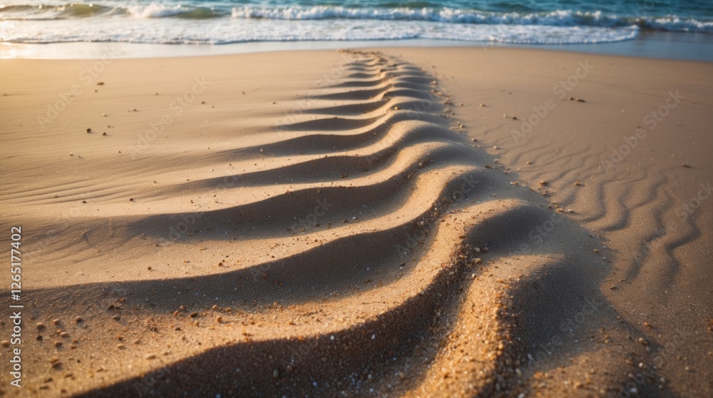 Aufkleber Wavy sand patterns on beach at sunrise with gentle ocean waves and smooth texture in foreground with copy space for text