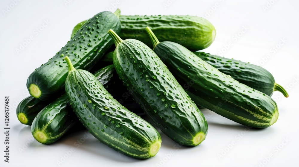 Aufkleber fresh green cucumbers with water droplets arranged on a white background with copy space for text pl