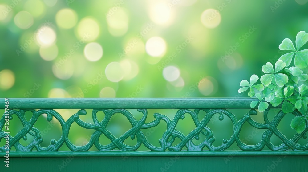 Poster a green decorative railing with intricate patterns, surrounded by soft bokeh of natural greenery, cr