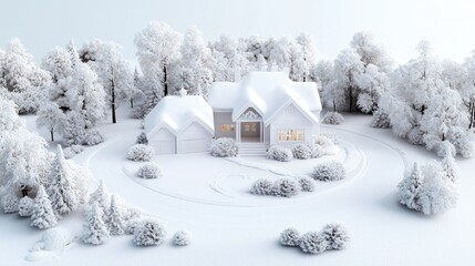 Snowy winter house in a forest, 3D illustration, tranquil scene, peaceful, use for greeting card, website, etc.