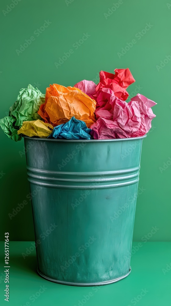 Poster overflowing bin of colorful crumpled paper against a green backdrop in a studio setup