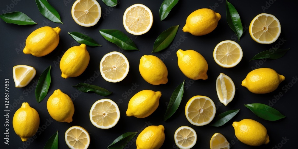 Poster lemons and lemon slices arranged with green leaves on a dark background with ample copy space for te