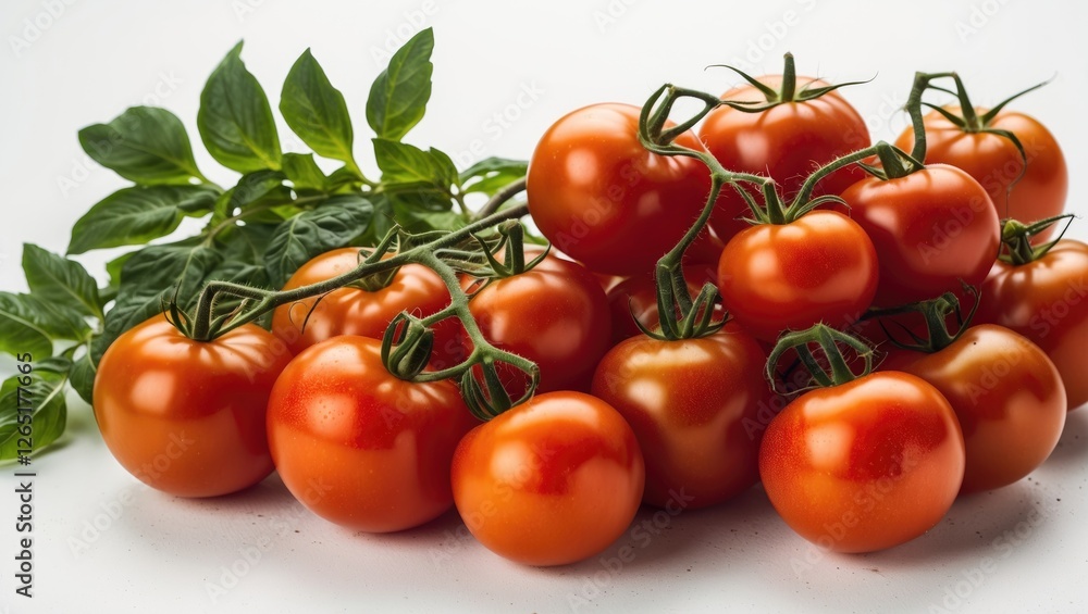 Aufkleber fresh ripe tomatoes with green leaves arranged on a white background with ample copy space for text 