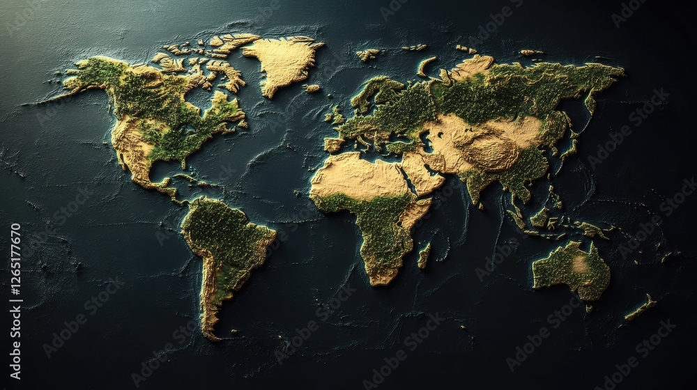 Poster 3d world map on black background: another version of a 3d world map on a black background, focusing 