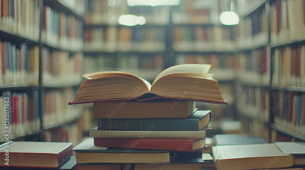 Poster a stack of books with an open book on top in a library, with a blurred background of bookshelves fil