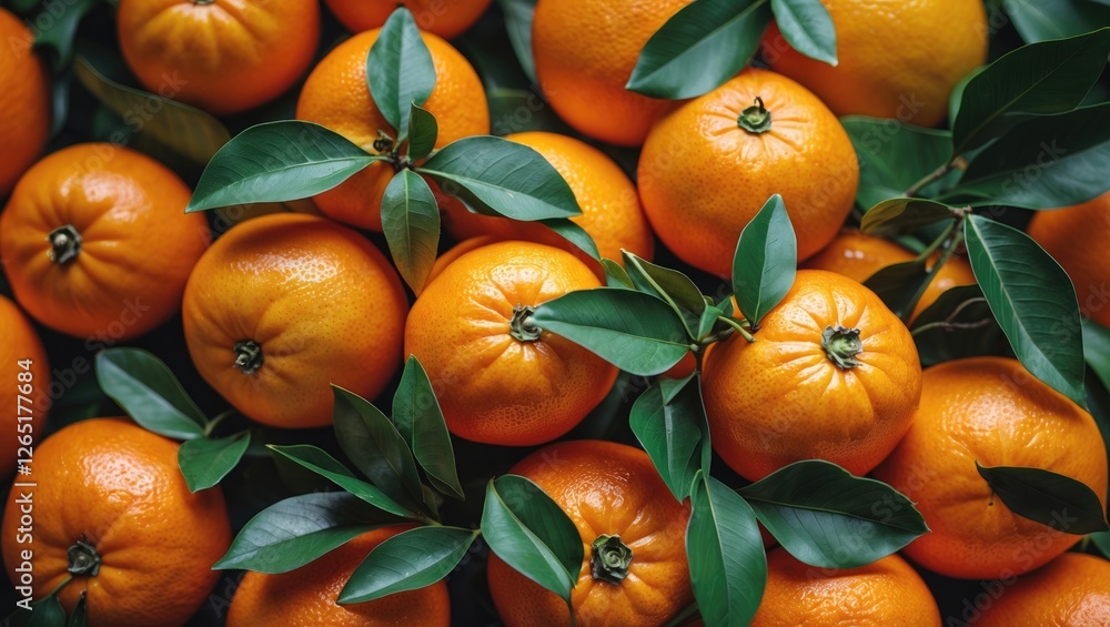 Poster fresh ripe oranges with green leaves arranged in a close-up view displaying vibrant colors and textu