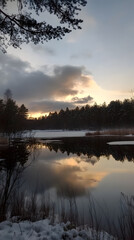 Obraz premium Beautiful lake with the reflection of a cloudy sky at a winter sunset 