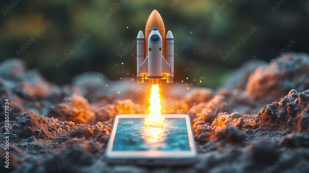Poster an imaginative scene depicting a rocket taking off from a smartphone, symbolizing the fusion of tech